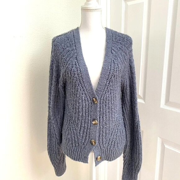 Abercrombie & Fitch Retro Chunky Knit Cardigan Sz Lg Smoky Blue - Picture 1 of 8